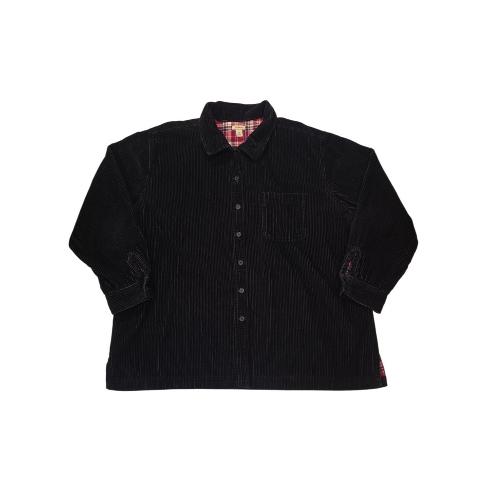 L.L.Bean Womens 2X Black Corduroy Shacket Plaid Lined Button Up Wide Wale